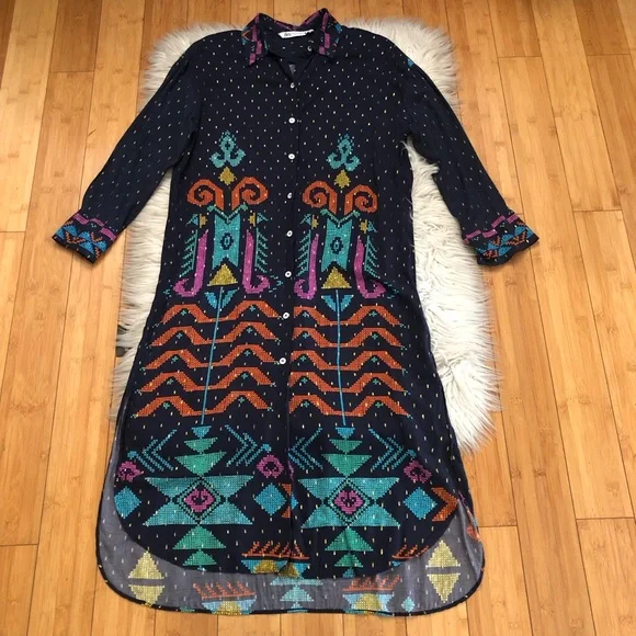 Zara Actez Tribal Geometric Metallic Long Sleeves Colorful Navy Shirtdress M - Picture 2 of 15